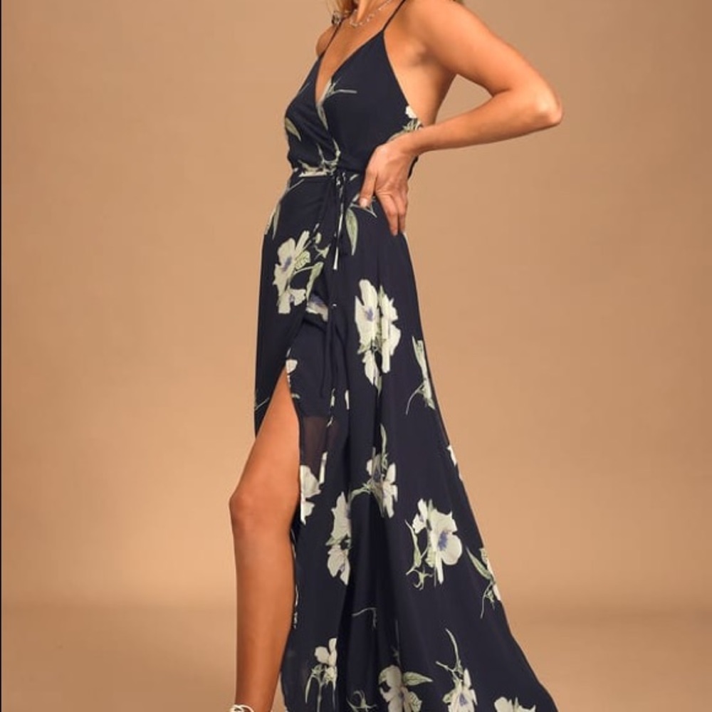 All Mine Navy Blue Floral Print HighLow Wrap Dress